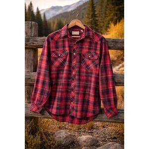 Vintage‎ Open Trails Mens Shirt Sz L Red Checked Pearl Snap Long Sleeve Mountain